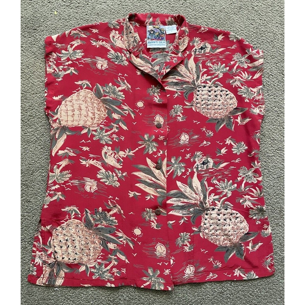 Vintage Avanti Silk Hawaiian Shirt M Red Pineapple Tropical Aloha 100% Silk